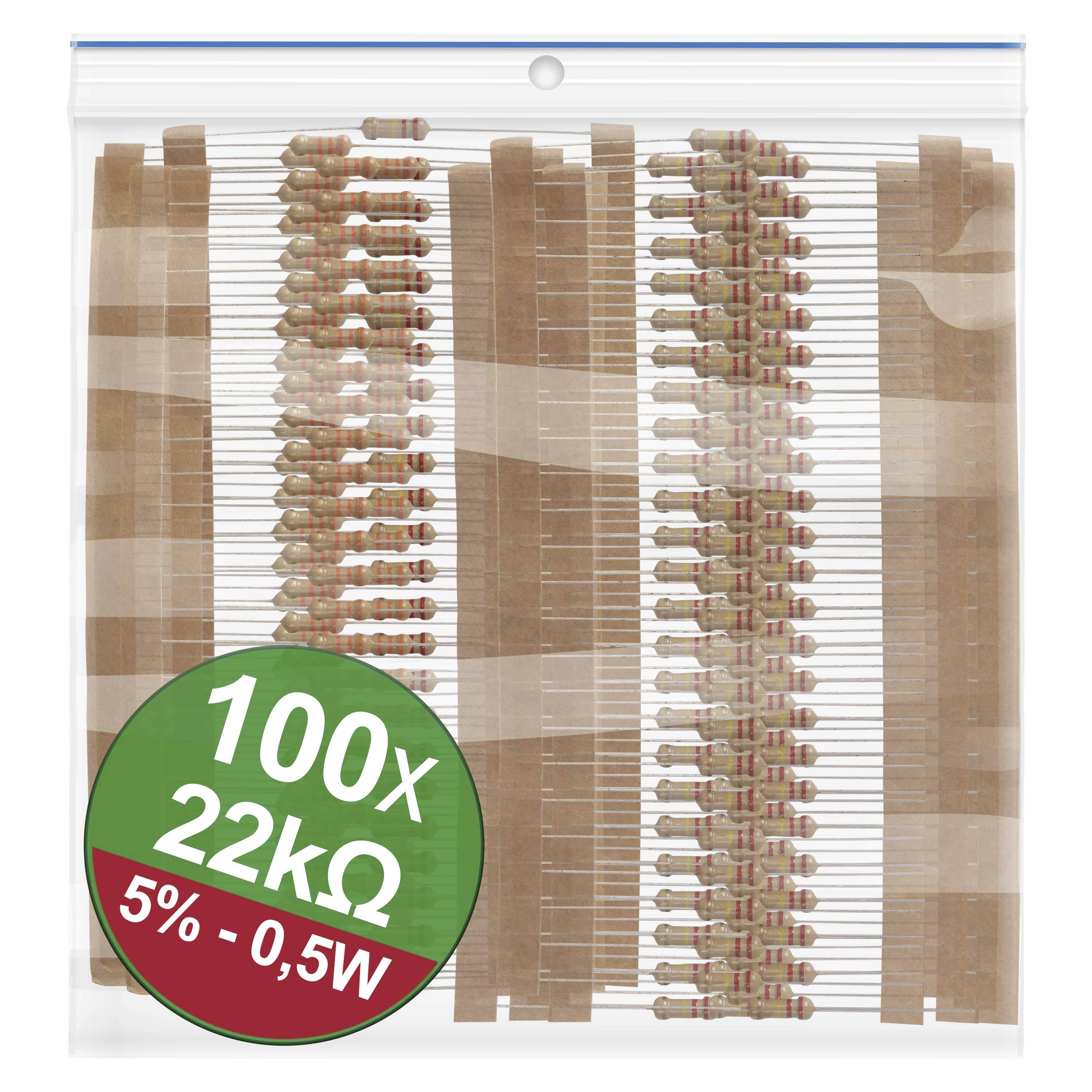 Plastic bag containing 100 resistors, 22 kΩ, tolerance 5%, power rating 0.5 watts.