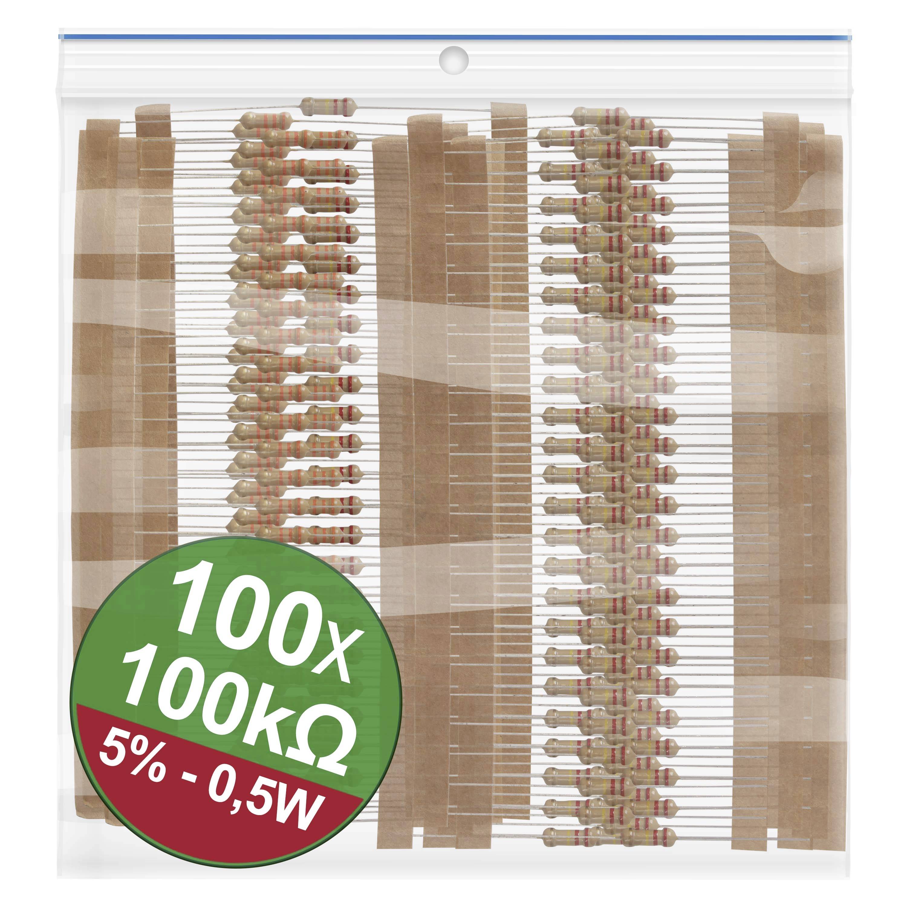 A pack of 100 resistors, 100kΩ, 5% tolerance, 0.5 W. The resistors are arranged across multiple strips.