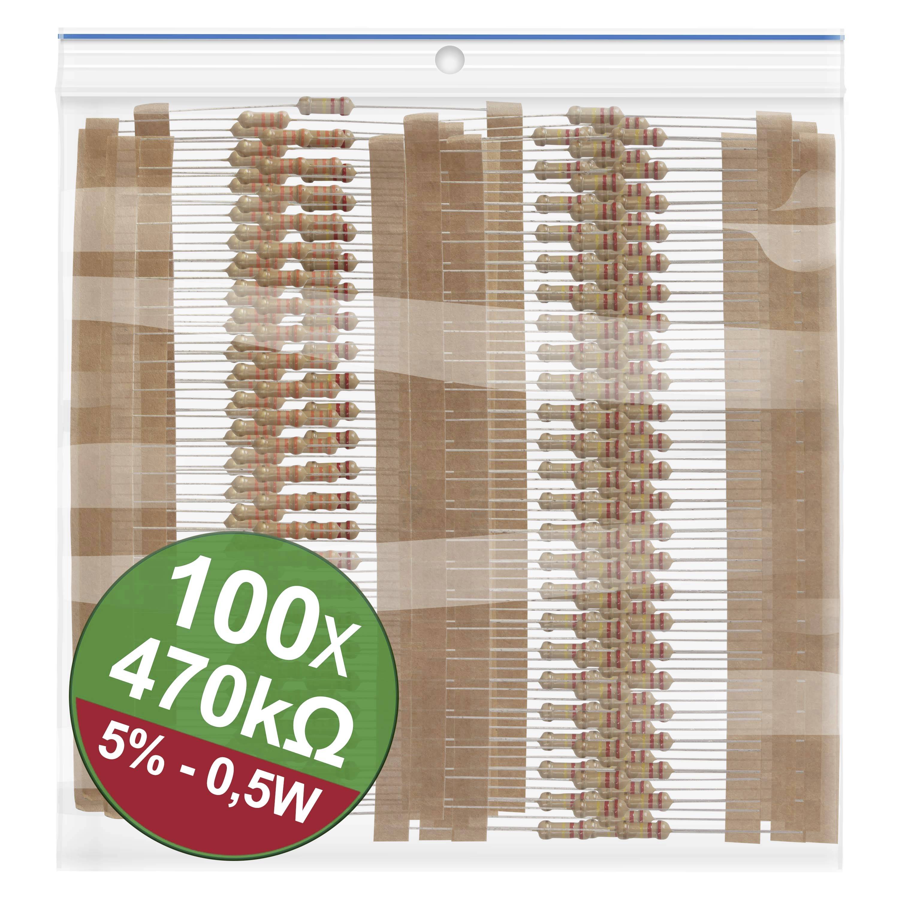 Plastic bag with 100 resistors, value 470 kΩ, tolerance 5%, power 0.5 W.