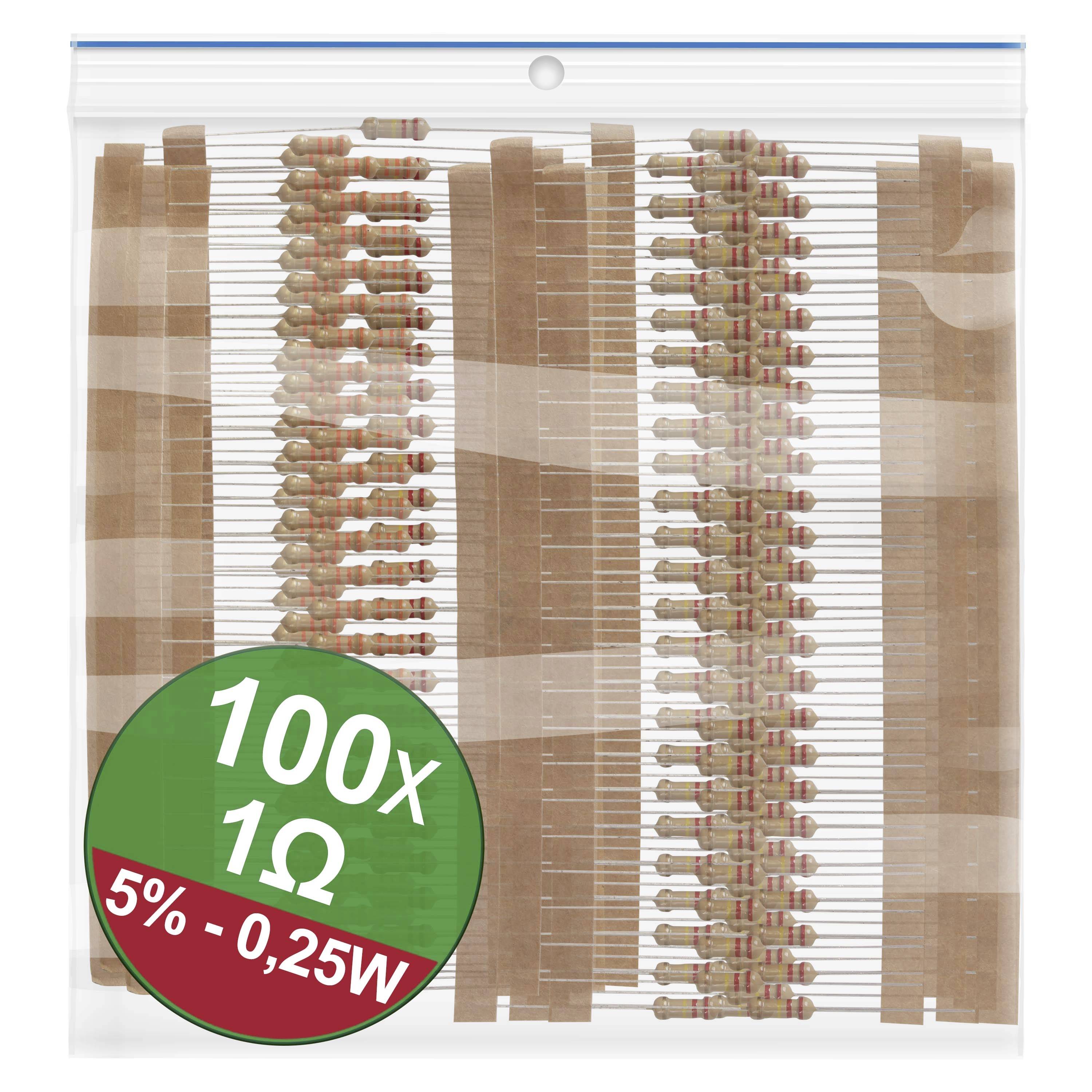 Plastic bag containing 100 1-ohm resistors, 5% tolerance, 0.25W.