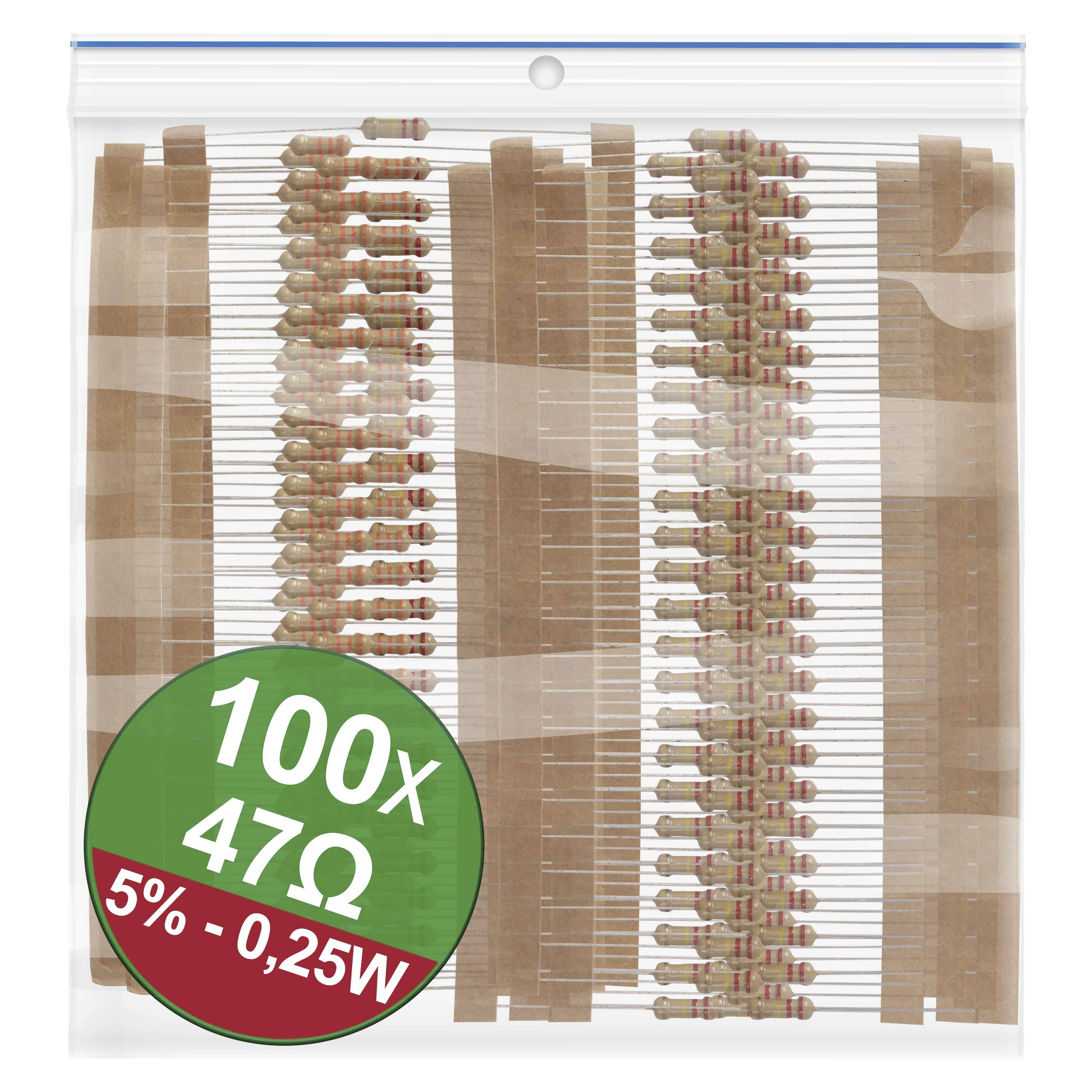 A plastic bag containing 100 axial resistors, each 47 ohms, 5% tolerance, 0.25 watts power. Green label indicates values.