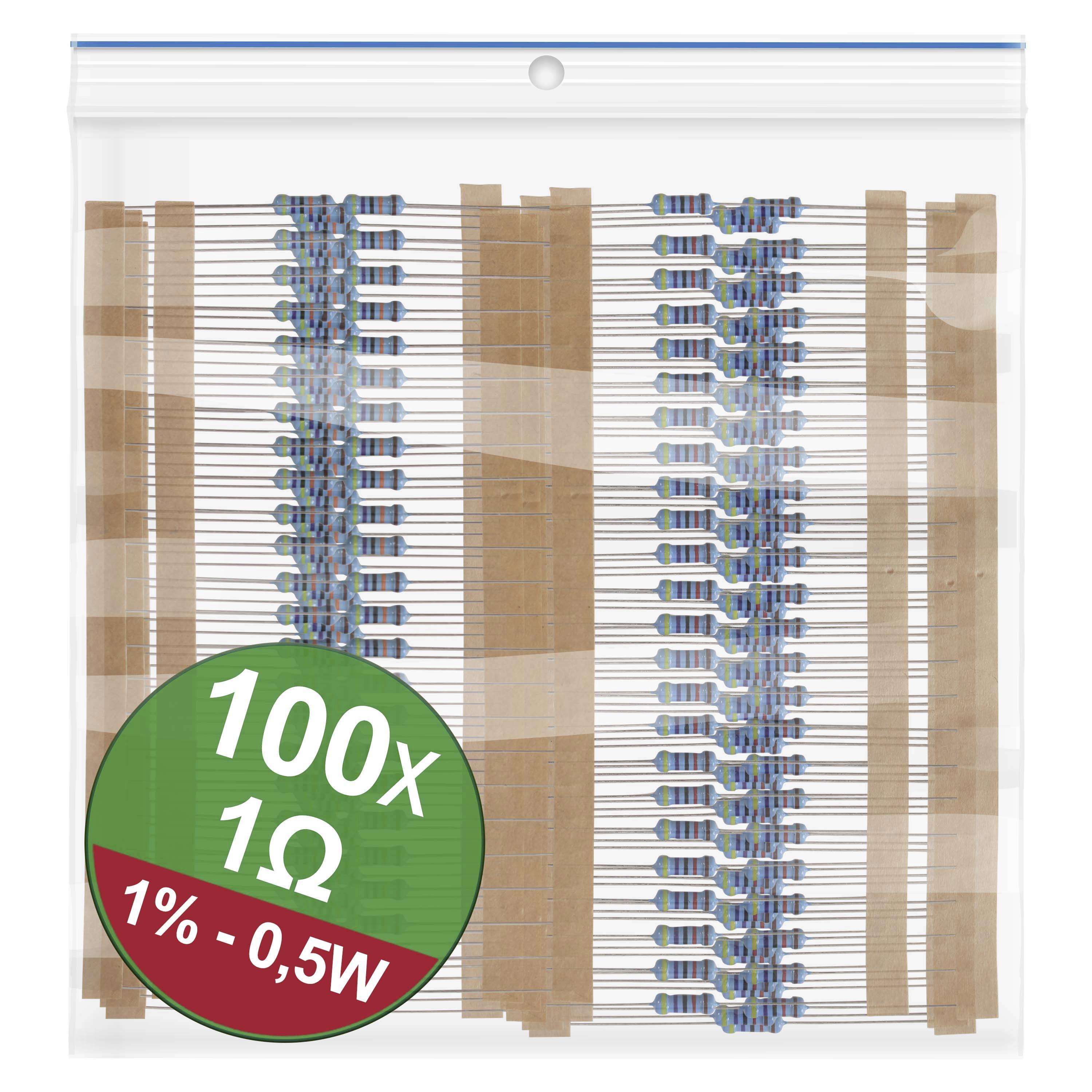 A plastic bag containing 100 resistors, labelled '1Ω, 1%, 0.5W' on a round, green label in the corner.