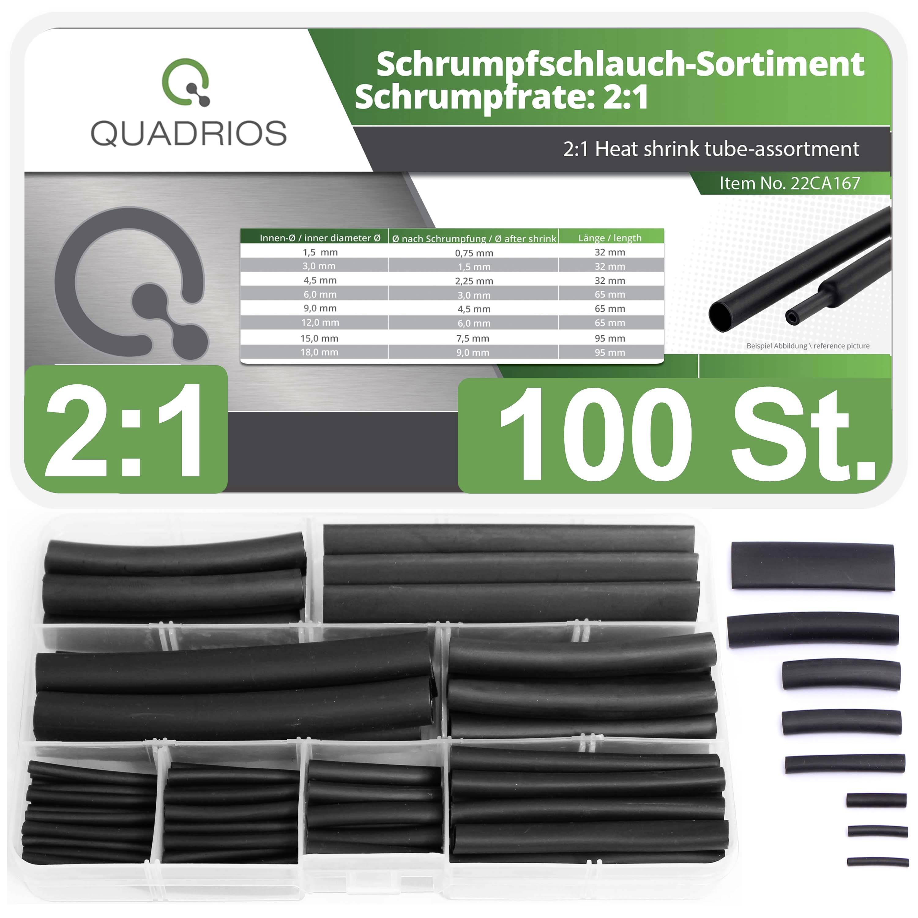 Heat shrink tube assortment 2:1, 100 pieces, including various sizes. Graphical representation with table of tube dimensions.