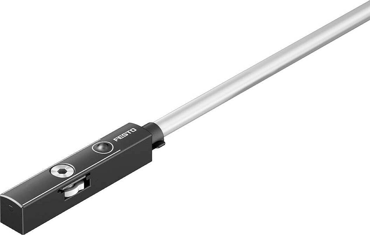 A black sensor with the inscription 'Festo' attached to a metal rod, used for position detection in automation systems.