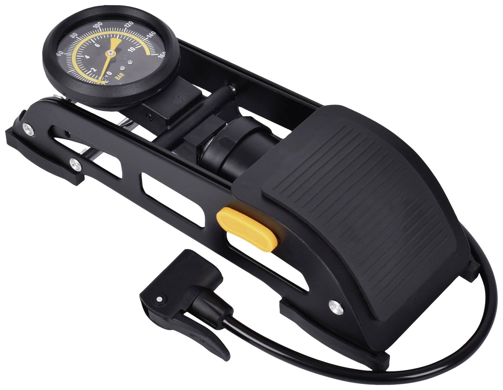 Black and yellow foot air pump with pressure gauge and flexible hose; suitable for inflating tyres or balls.