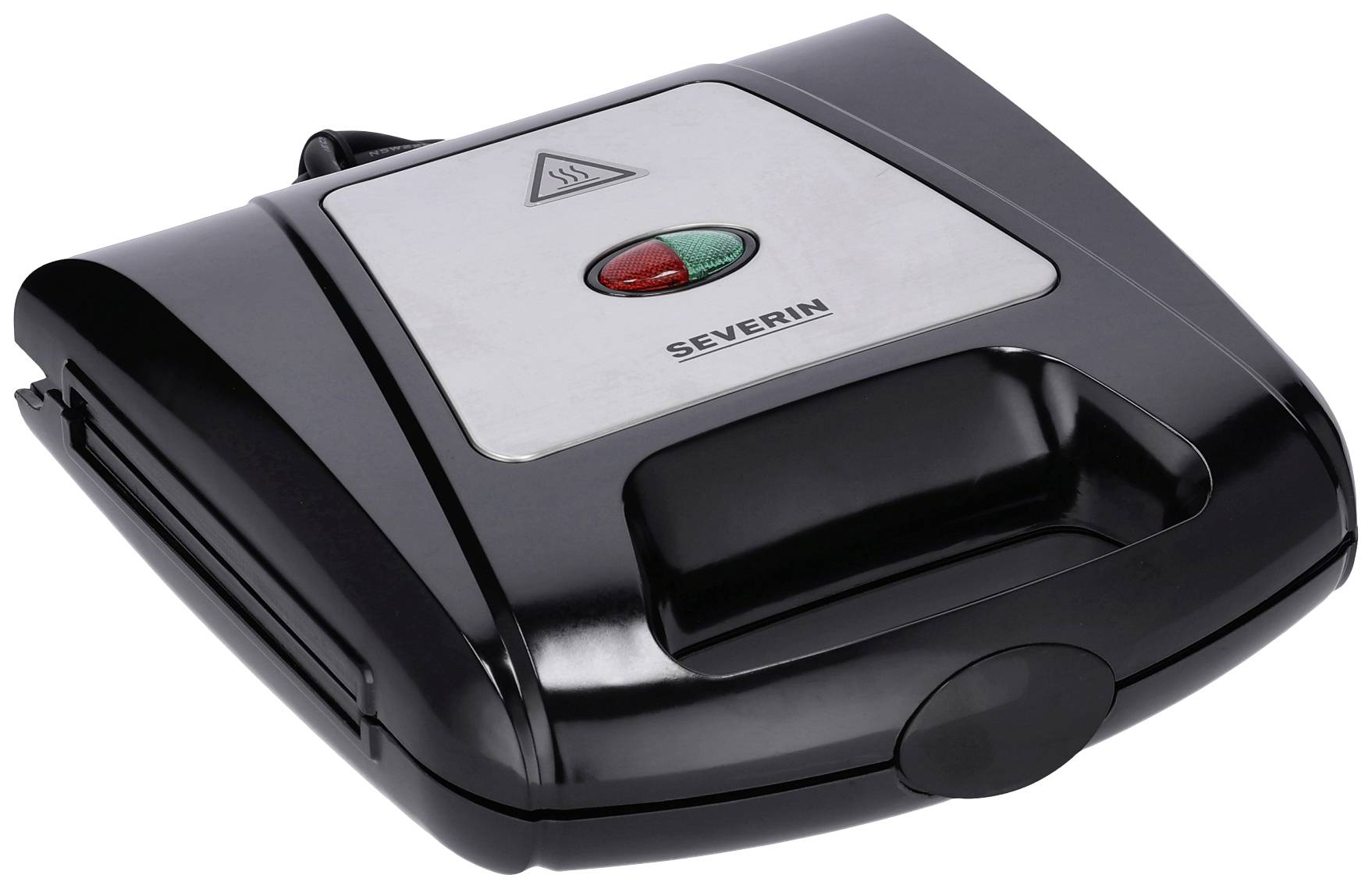 Black sandwich toaster with a red and a green button on the front, brand Severin.