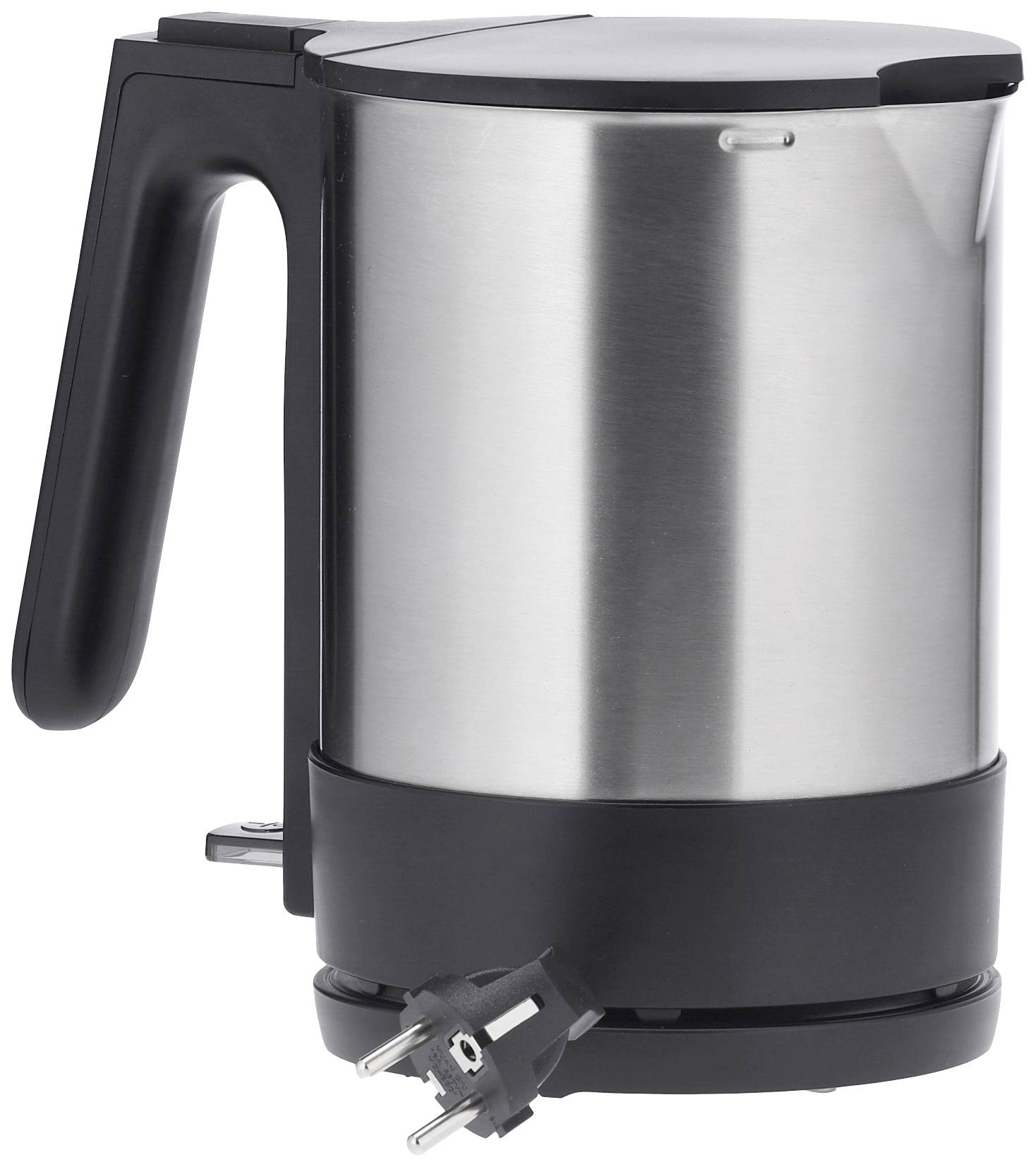 A silver, electric kettle with a black handle and detachable cord, suitable for the kitchen.