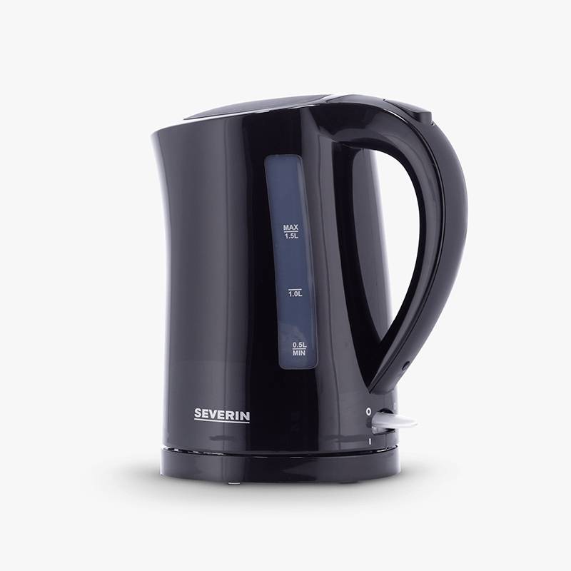 Black electric kettle by Severin, 1.5 litre capacity, with water level indicator, on white background.
