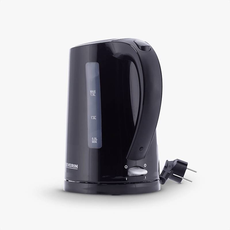 Black electric kettle with cable, shows max. 1.5 L and min. 0.5 L fill level.