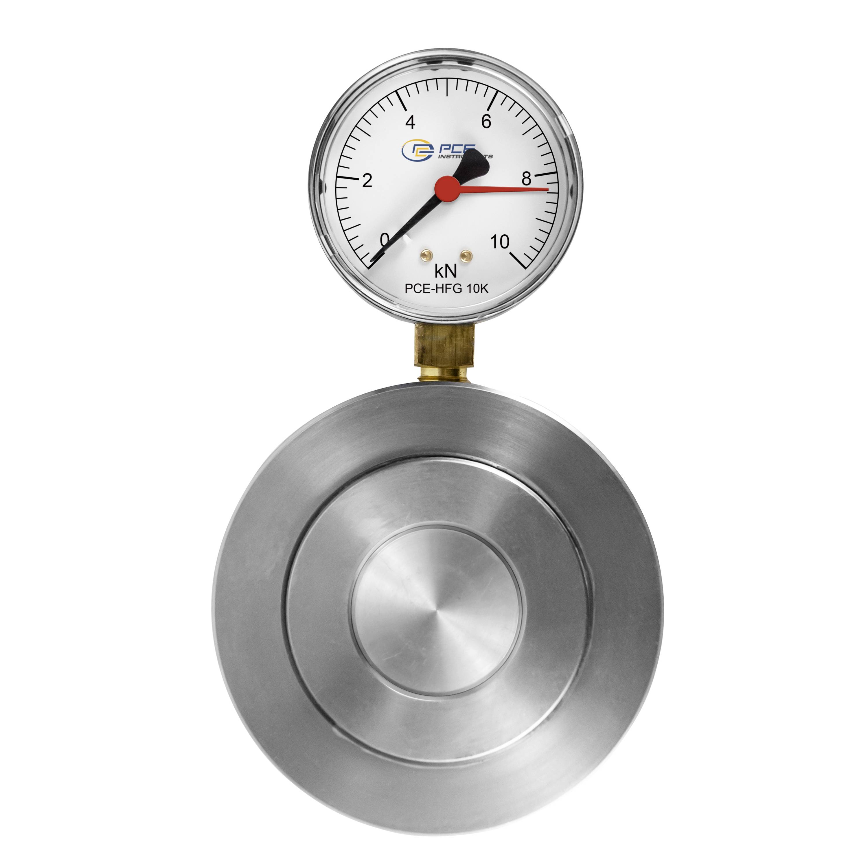 Analoges Kraftmessgerät in kN auf einem kreisförmigen Metallsensor gekennzeichnet, zeigt etwa 8 kN an.