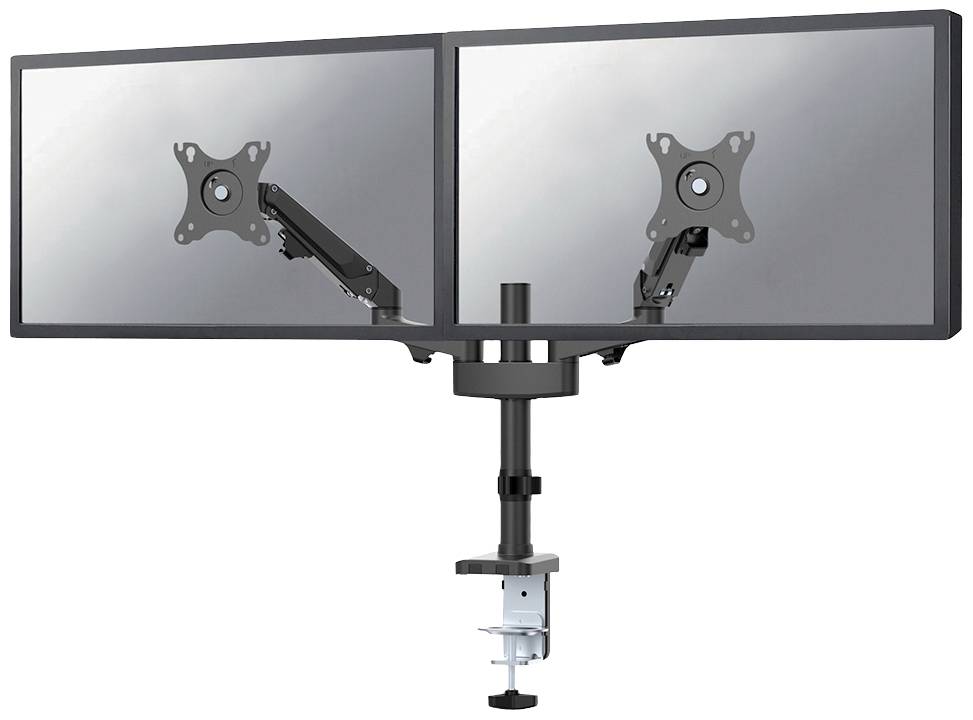 Two monitor brackets on an adjustable arm, mounted on a desk, without monitors, in an office setting.