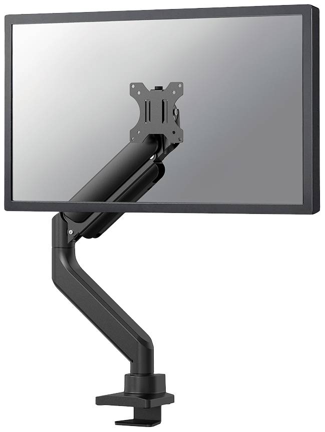 Height-adjustable monitor arm with a screen attached. The arm is black and mounted on the edge of a desk.