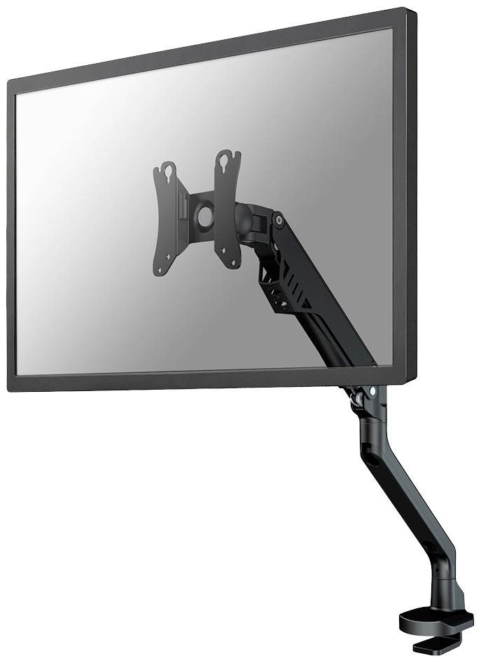 A monitor is attached to an adjustable, black swivel arm mounted on a desk.