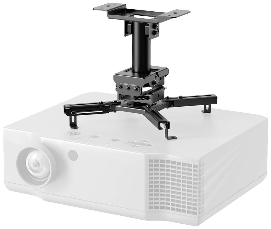 Projector mounted on bracket, side view. The bracket has adjustable arms for flexible ceiling positioning.