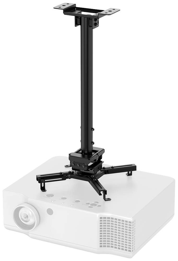 Projector with black ceiling mount; installed for projections in conference or home cinema environments.