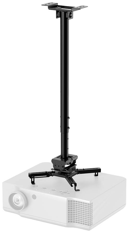 Black metal ceiling mount secures a projector pointing downwards. Suitable for home cinema or office installations.