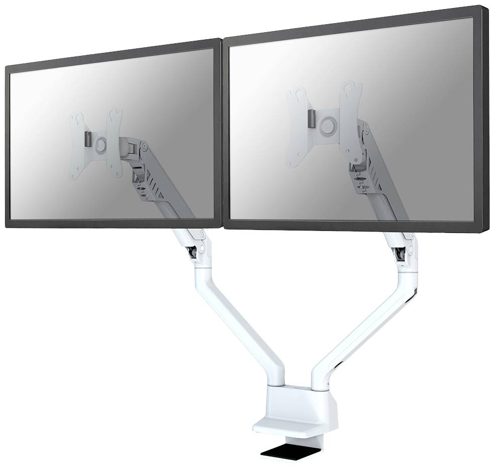 Two side-by-side mounted computer monitors on an adjustable arm, suitable for ergonomic workspace design.