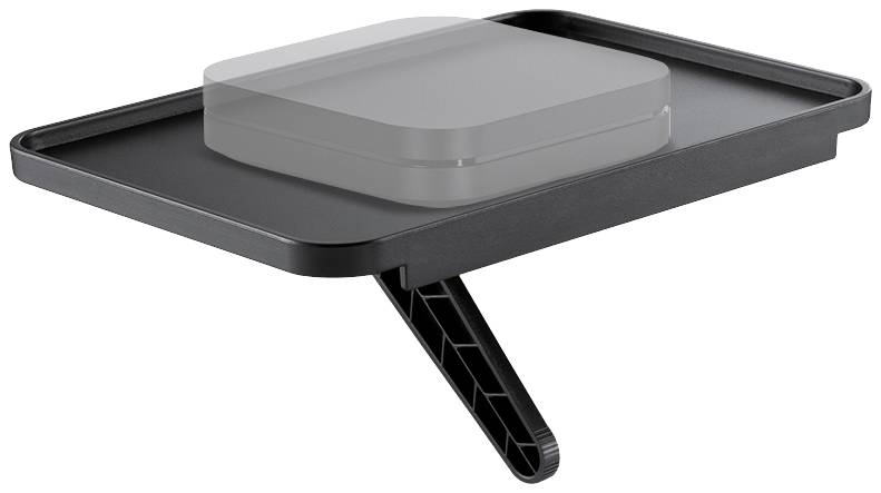 A black, rectangular shelf board with an angled support beneath it.