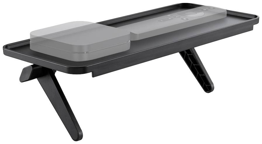 A black, elevated table stand with angled legs, on which sits a grey device with visible buttons, possibly a speaker.