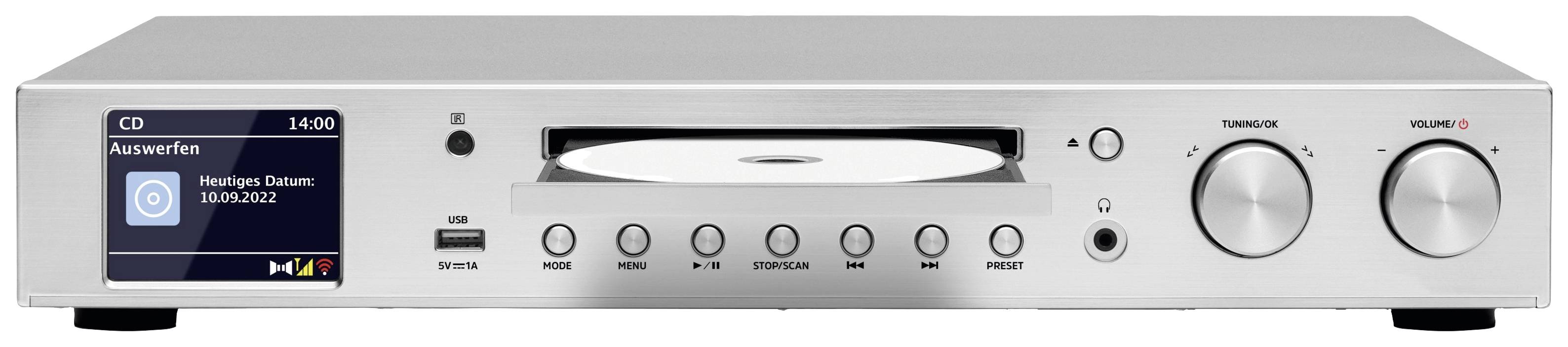 A silver CD player with a CD inserted. On the left, a display with playback information, and on the right, two rotary knobs for tuning and volume.