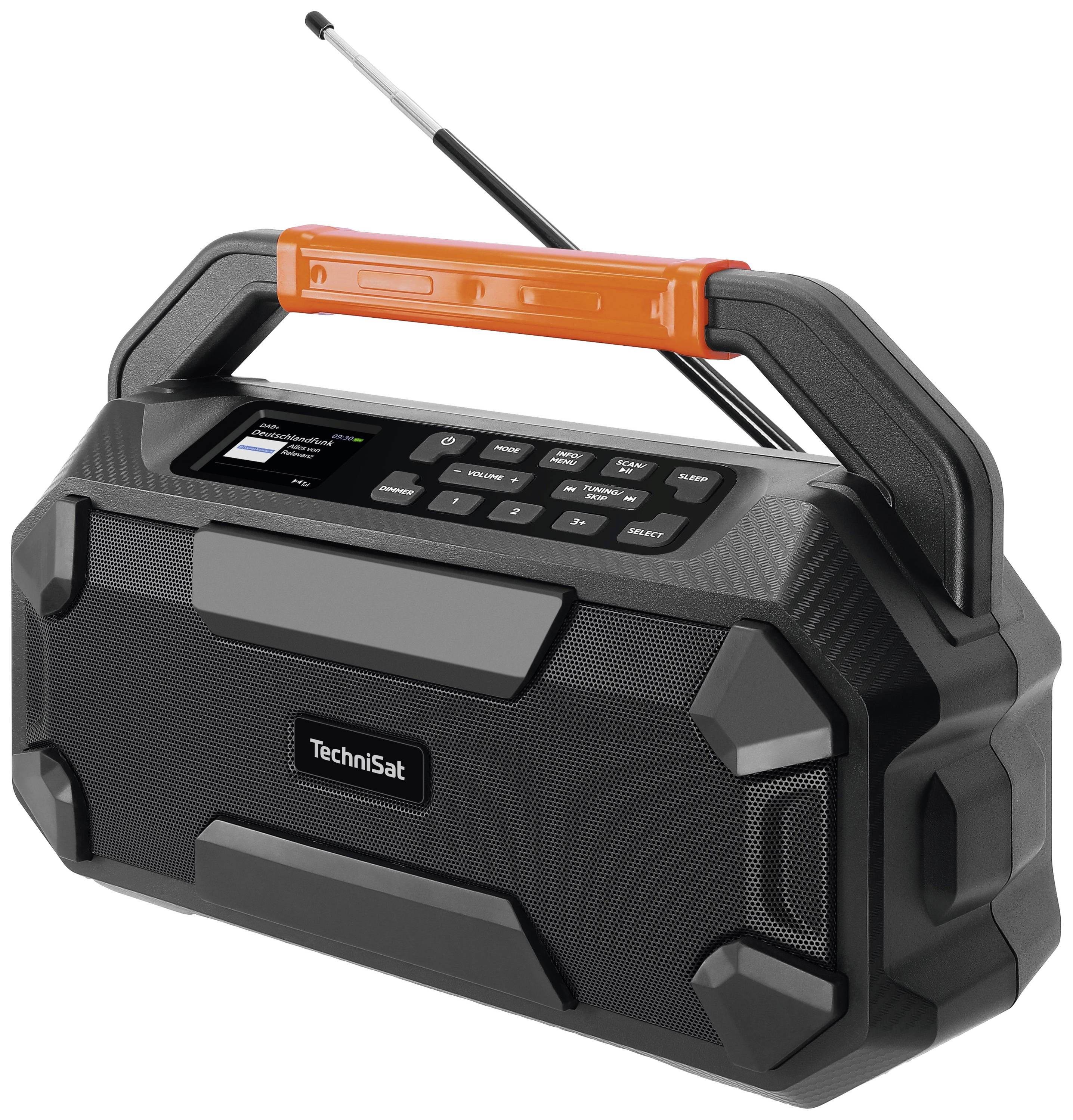 A portable radio by TechniSat with an orange handle, black speakers, and an extendable aerial on the top.