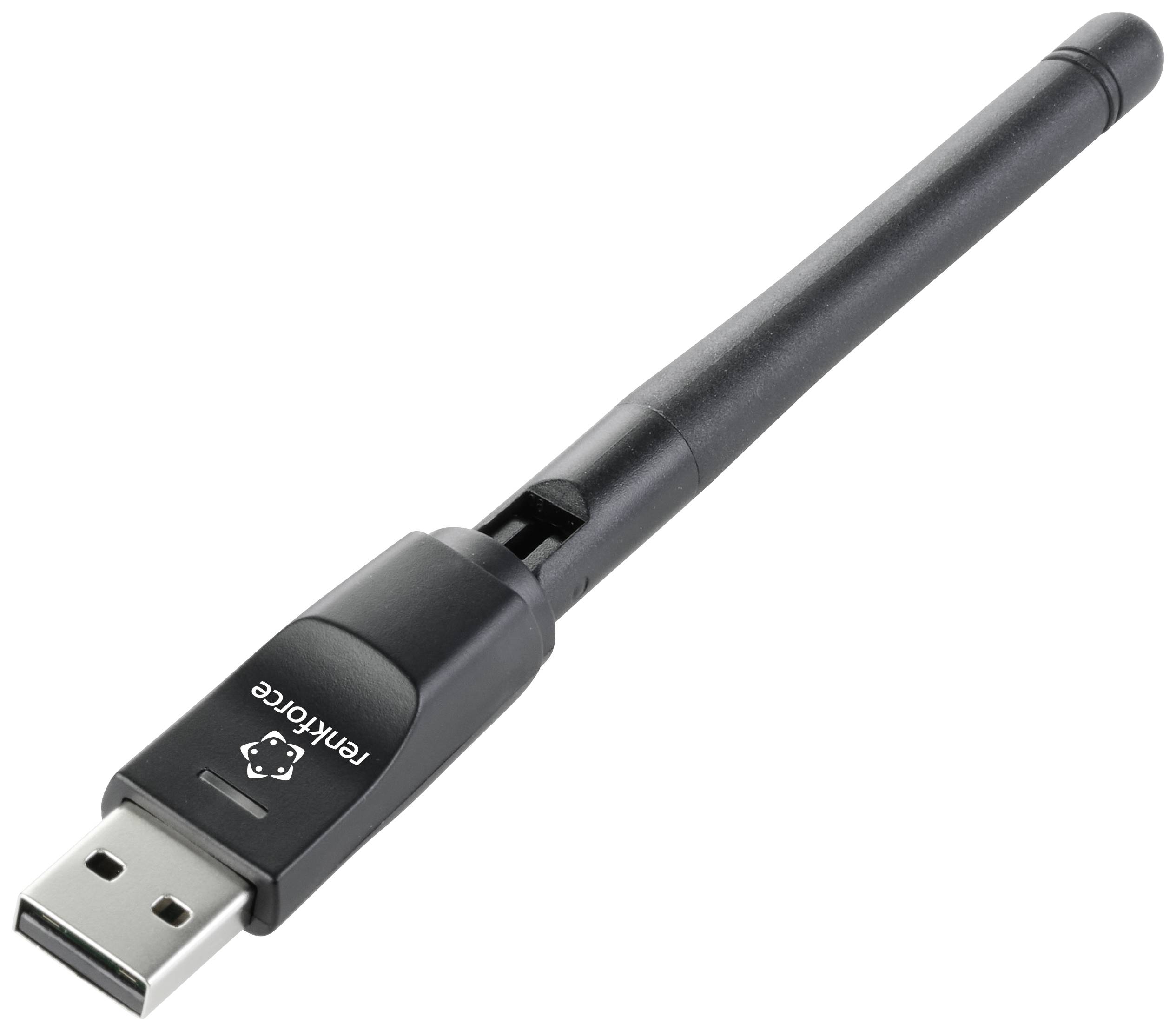 USB Wi-Fi Adapter with a glossy black casing and detachable antenna for wireless network connection.