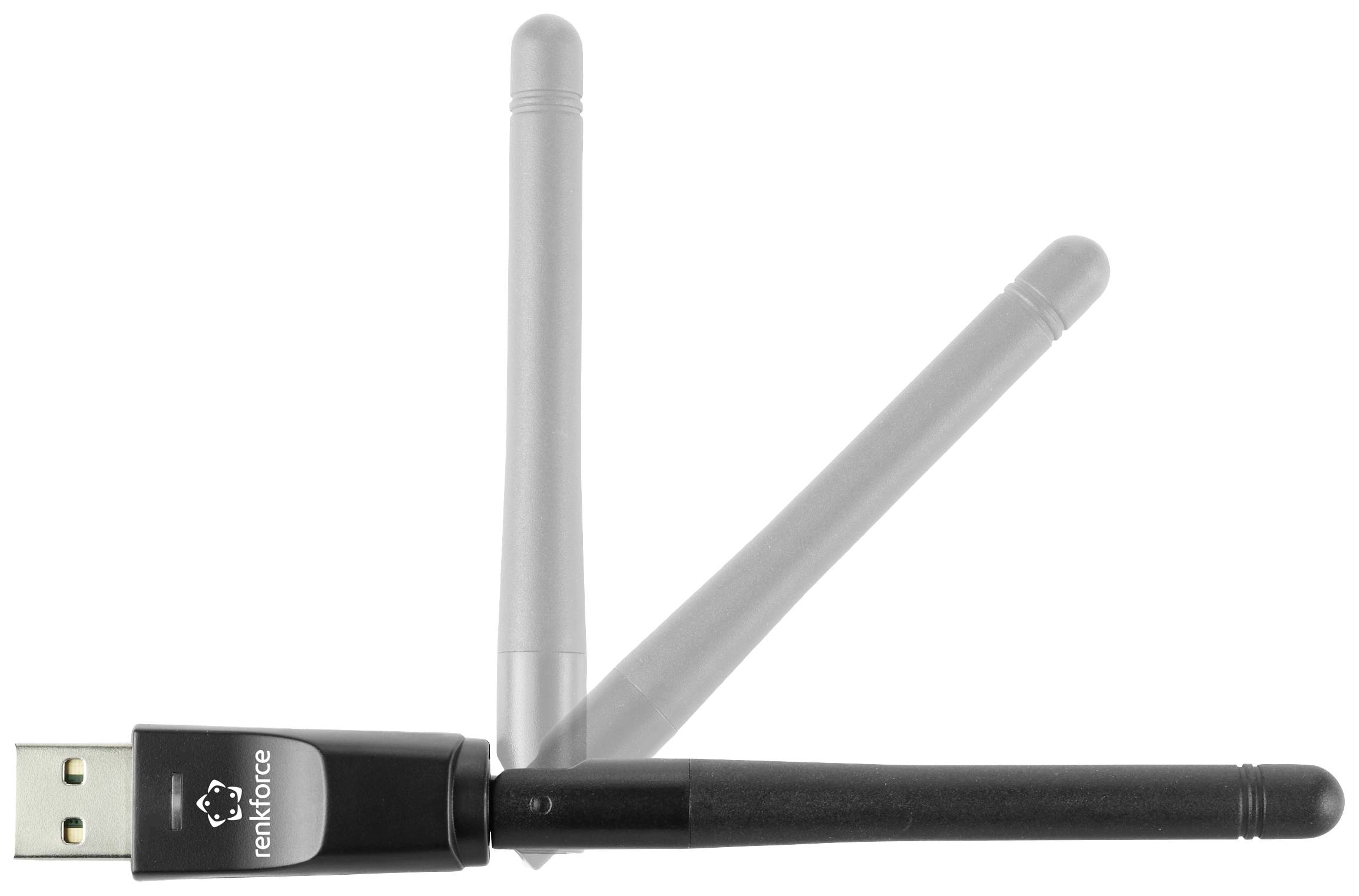 USB Wi-Fi Adapter with Rotatable Antenna. On the left, the USB plug is visible, on the right the antenna, which is shown at various angles.