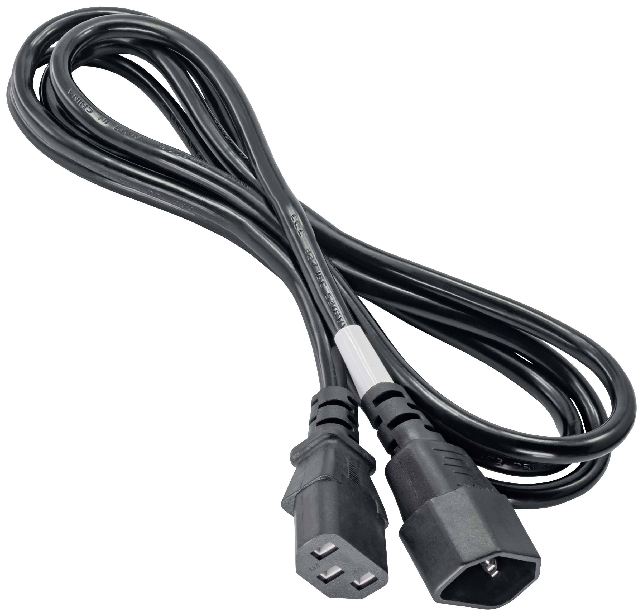 A black network cable with a C13 plug on one side and a C14 socket on the other side.