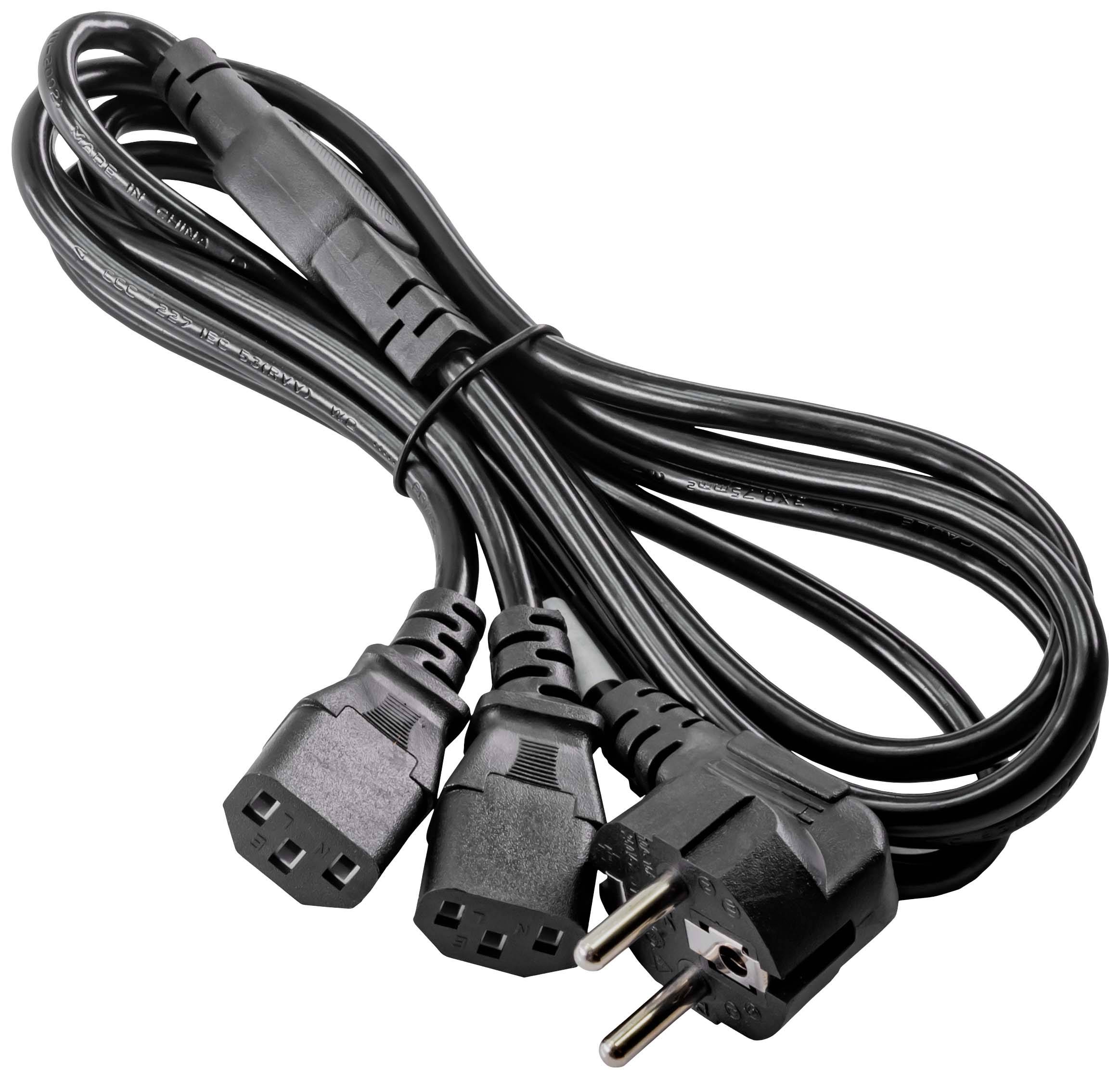 A black power cable with a Schuko plug and three sockets, suitable for powering multiple devices.