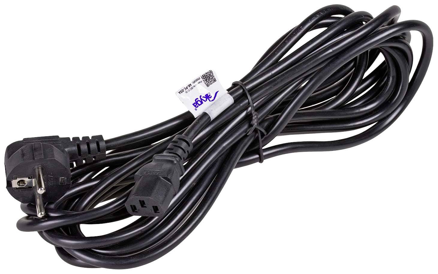Black network cable with Euro plug and three-pin IEC C13 connector, coiled. Suitable for computers or other devices.