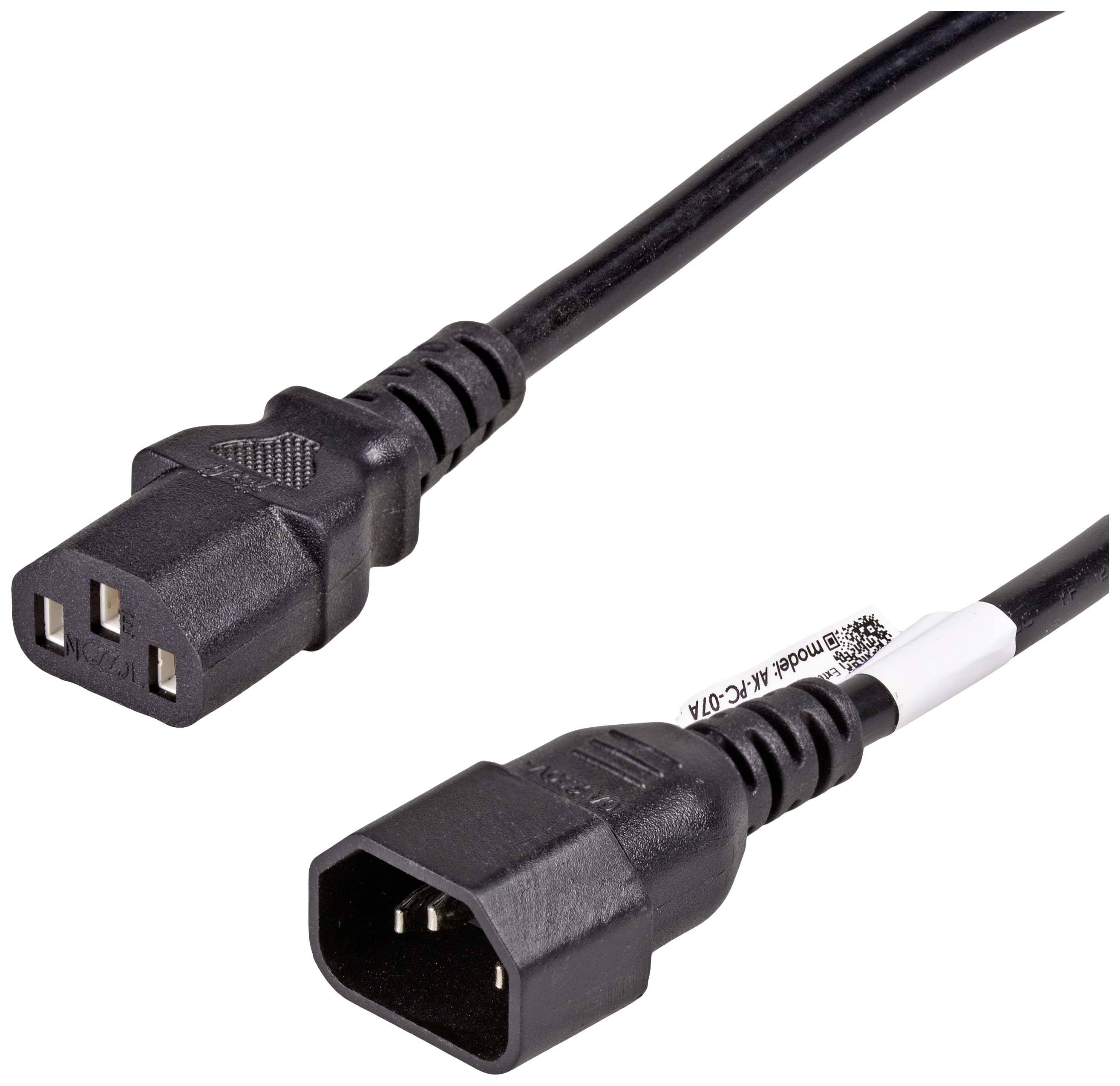A black network cable with a female C13 connector and a male C14 connector, commonly used for computers and electronic equipment.