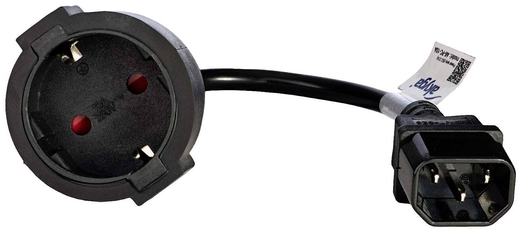 An adaptor cable with a Schuko plug on the left side and an IEC C13 socket on the right side, for electronic devices.