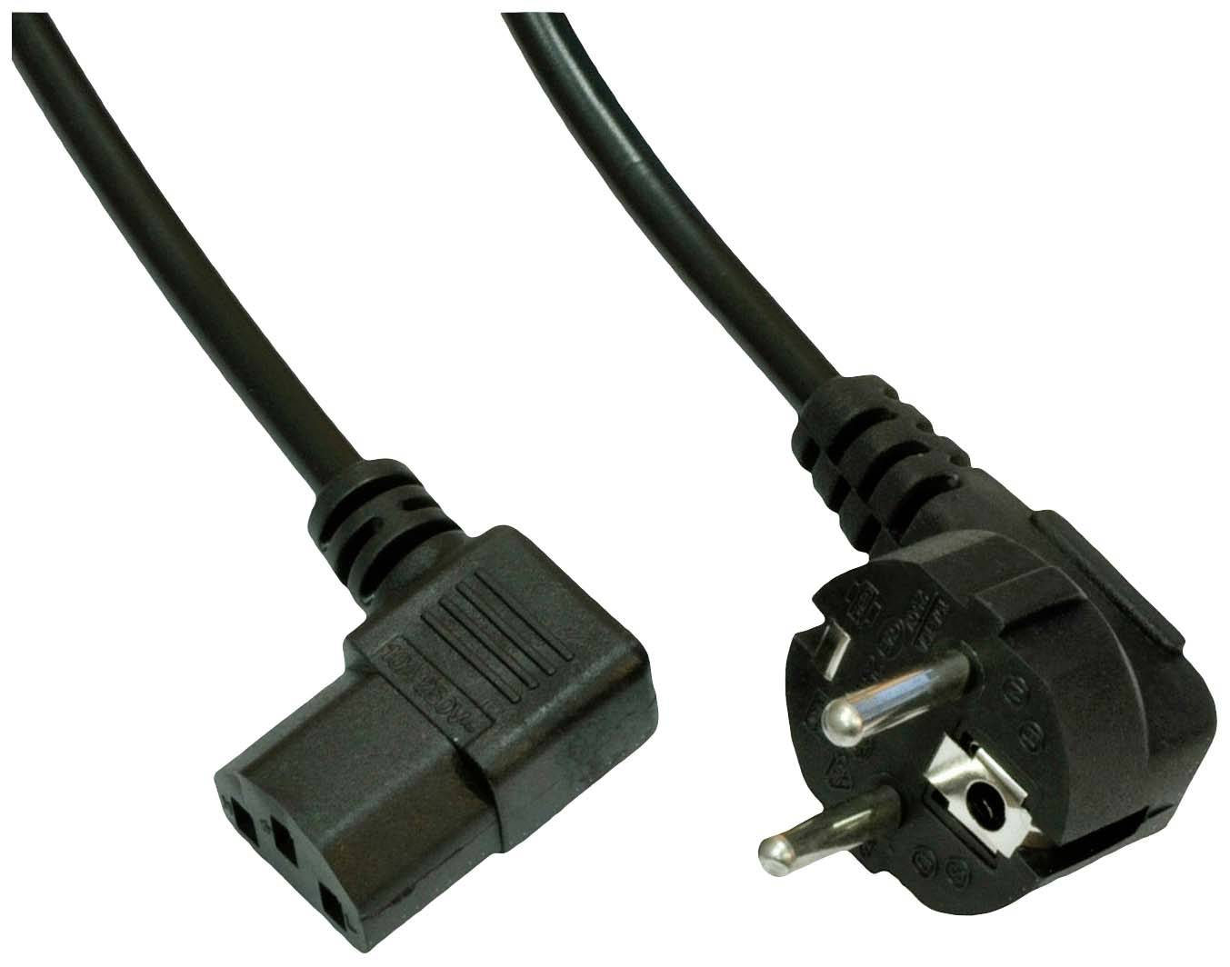 A black power cable with a European plug (Schuko) and an IEC connector, used for connecting electrical devices to the mains power supply.
