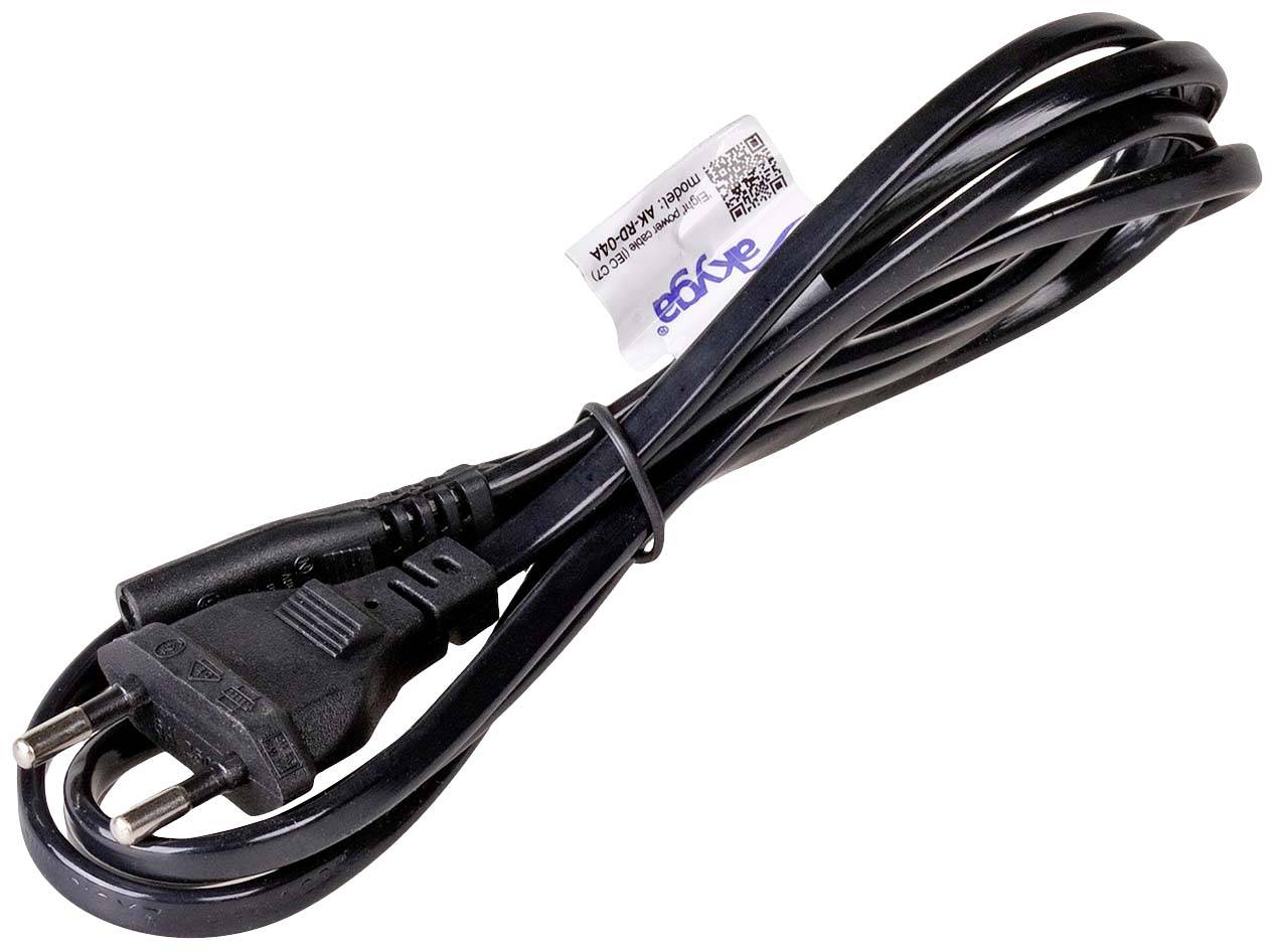 Black network cable with two-pin plug and label. Suitable for household appliances.