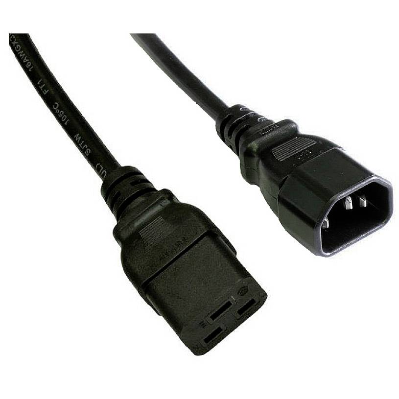 A black power cable with IEC-C13 and IEC-C14 connectors, commonly used for powering electronic devices.