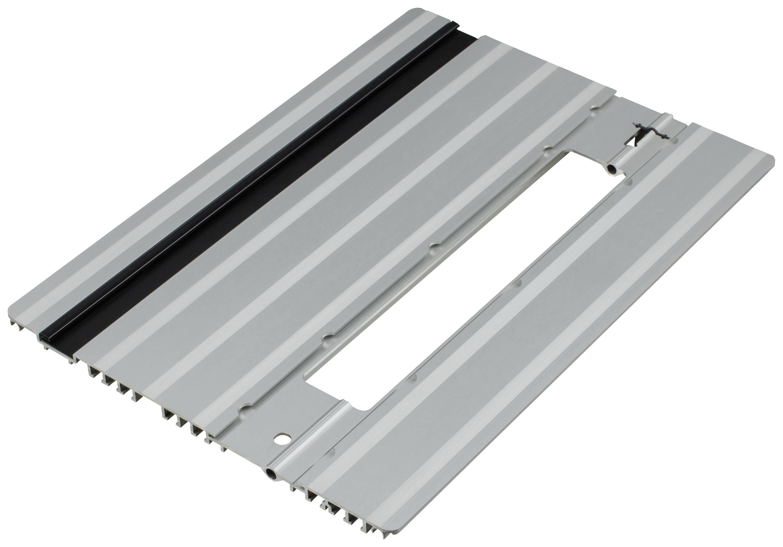 Metal rail with tooth structure on the underside, rectangular recess in the middle, used as a guide for tools.