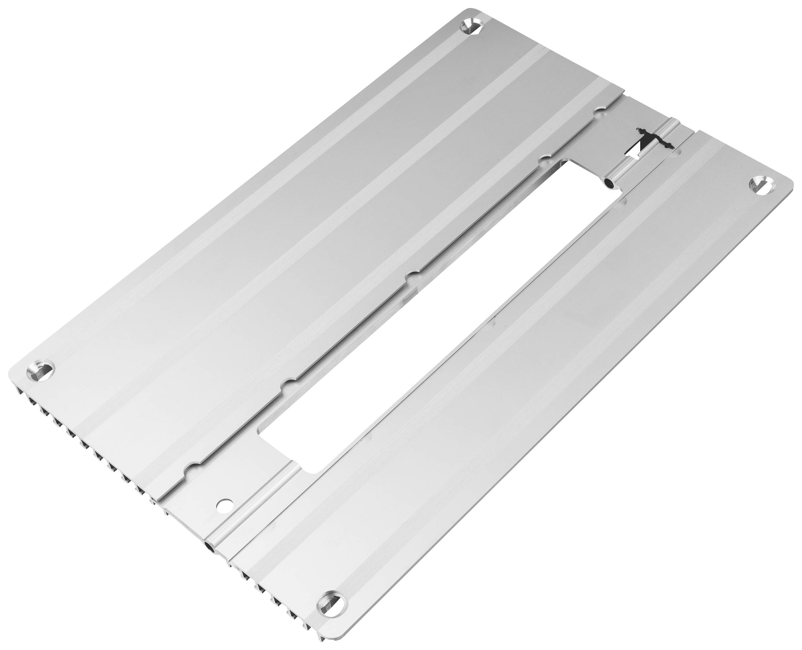 Metal plate with a rectangular cutout and screw holes at the corners; could be part of a technical device or mounting bracket.