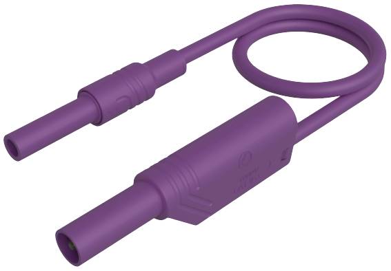 Violet conductive connecting cable with two plugs, one of them angled, for electronic devices.
