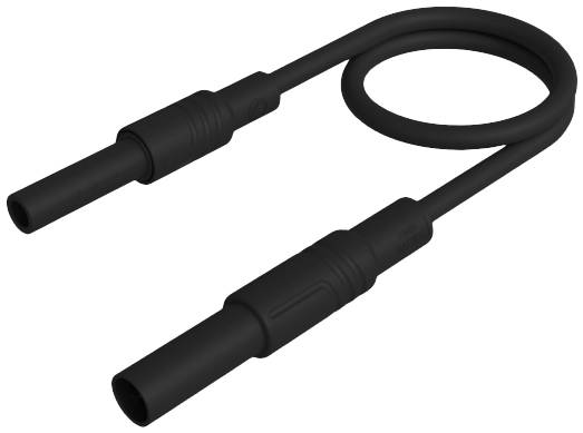 Black electrical cable with two connectors, laid in a loop shape. Primarily used for electronic connections.