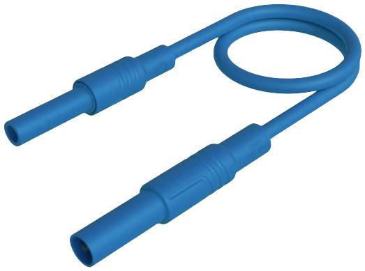 A blue, curved cable with two identical connectors at its ends, possibly for electrical or technical applications.