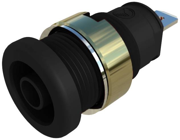 A black round button with a golden metallic ring, suitable for mounting in a device opening.