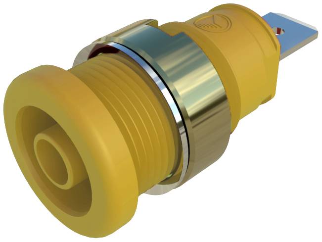 Yellow, cylindrical connector with metallic and blue elements, suitable for electrical applications and stable connections.