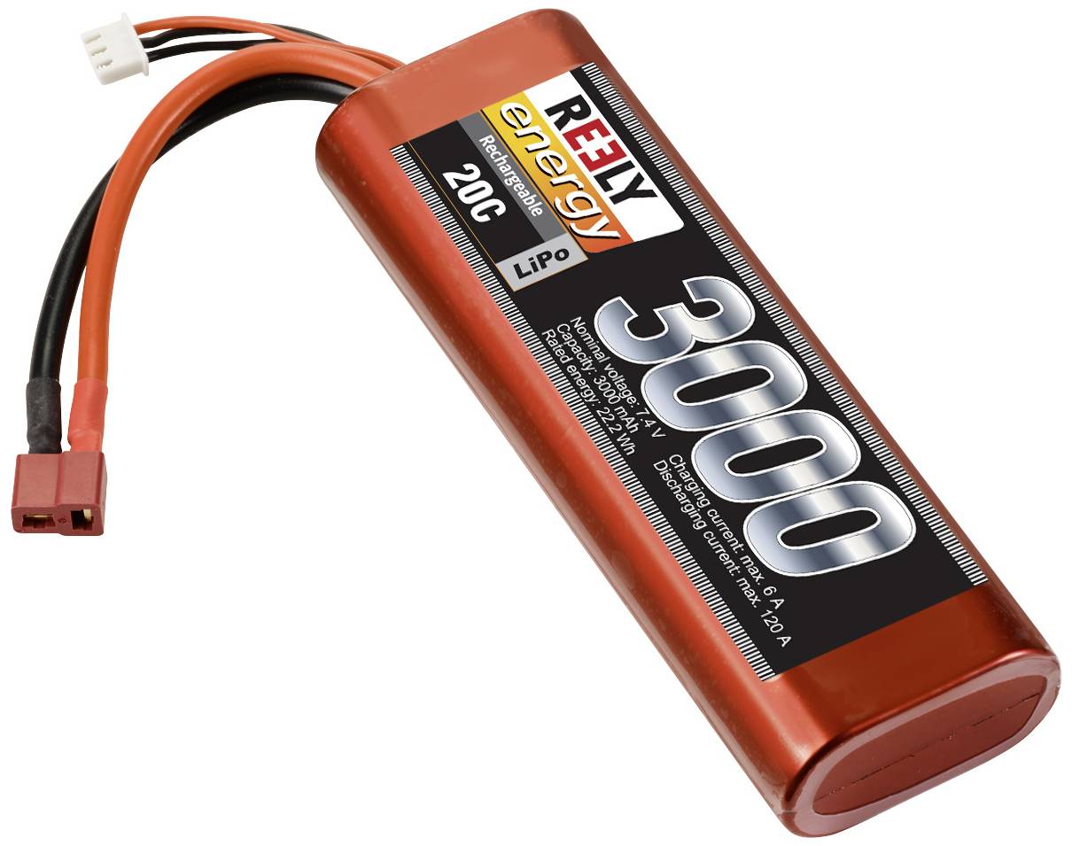 LiPo battery with 3000mAh capacity, 20C discharge rate and two cable connections. Suitable for model cars and drones.