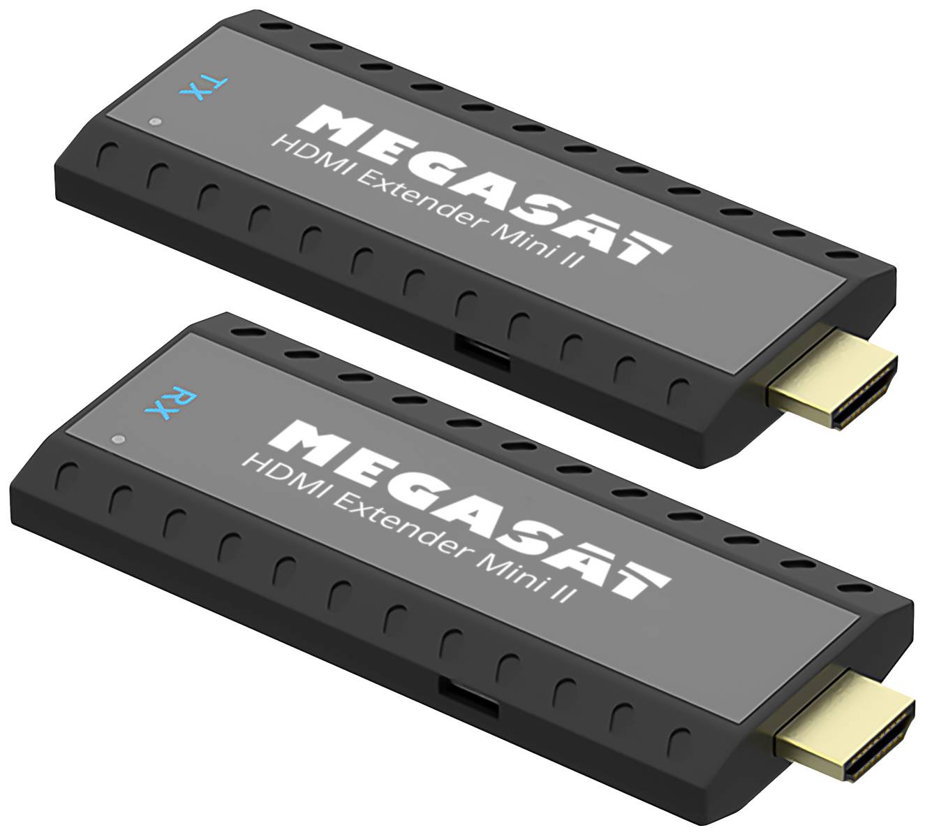 Two black HDMI extenders from 'MEGASAT' for wireless transmission of HD signals.