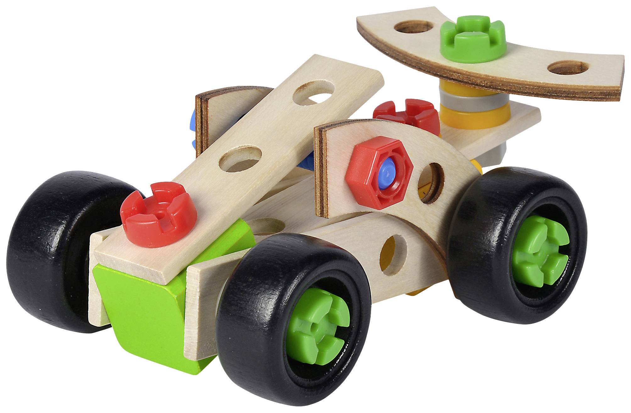 A small wooden toy car with colourful plastic parts and four black wheels on a white background.