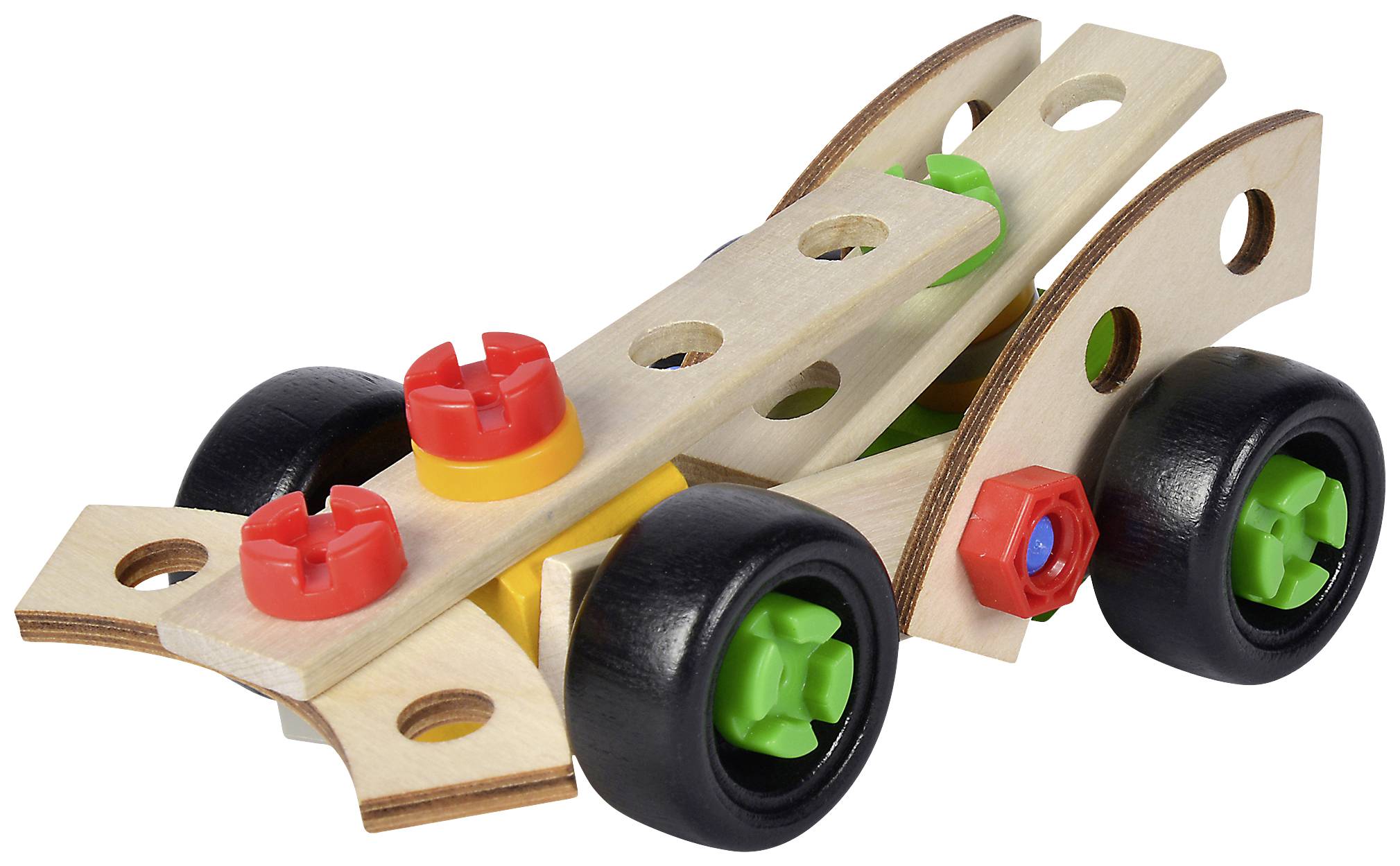 Wooden construction set car with colourful plastic wheels and connections, set against a white background.