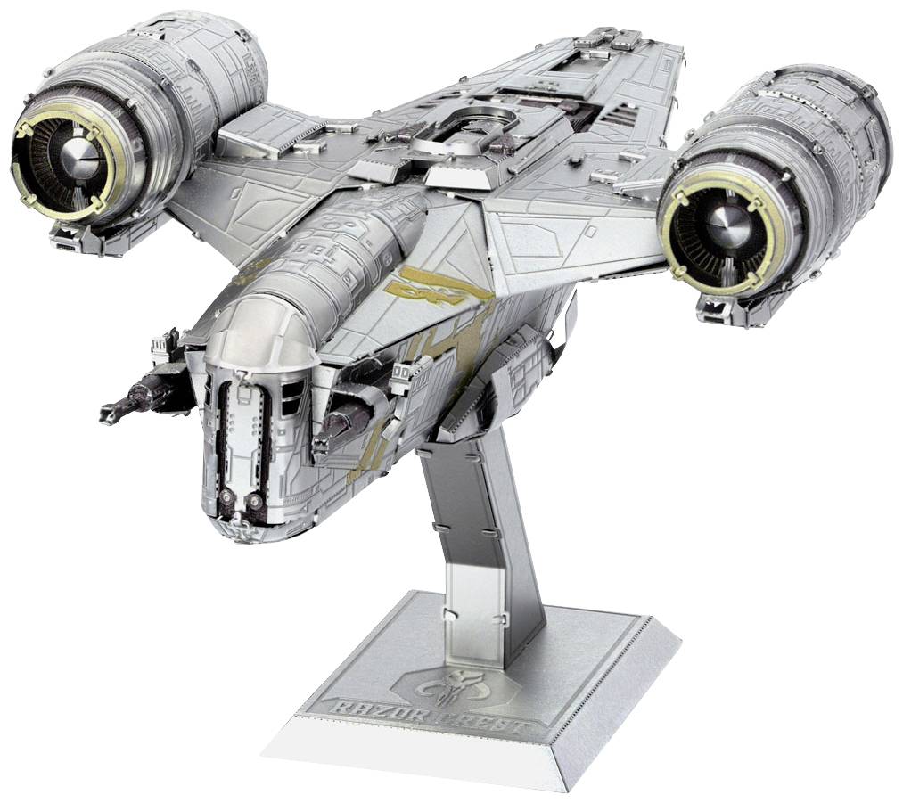 A futuristic spacecraft model with two large engines on its sides, displayed on a silver stand.