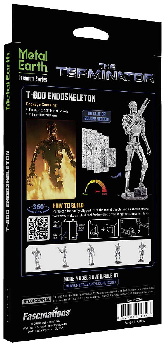 Metal Earth Premium Series box for a T-800 Endoskeleton model; shows model parts, assembly instructions, and completed model.