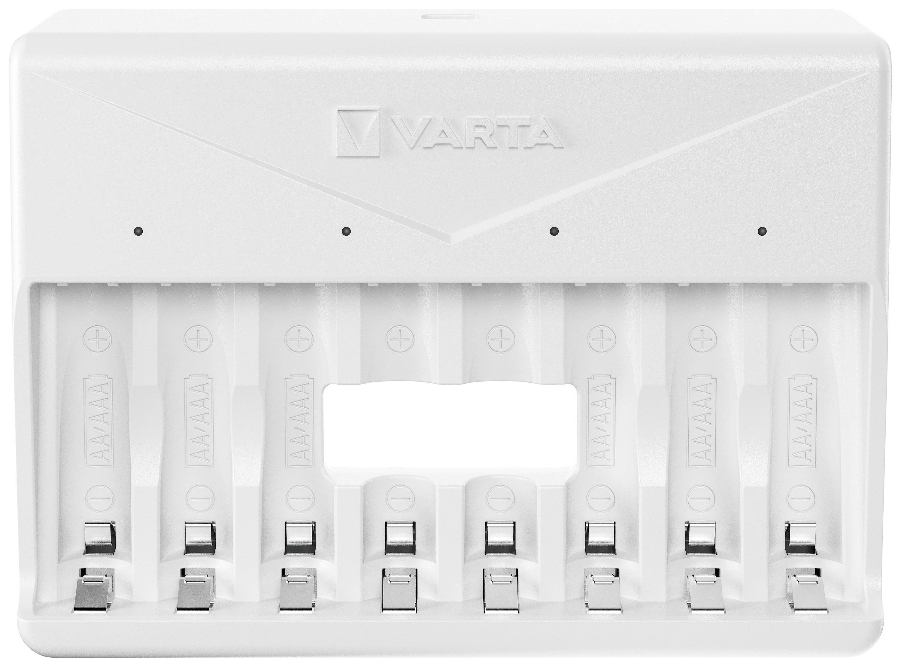 Battery charger with eight slots in a white plastic casing.
