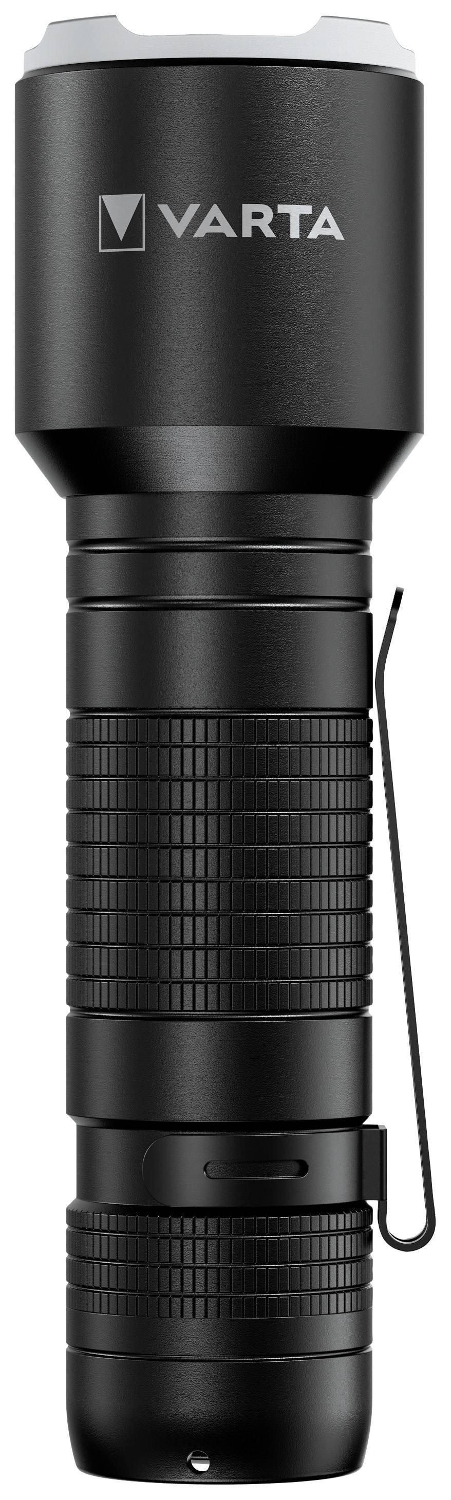 Black torch with grooves for better grip and side clip. 'VARTA' logo at the top.